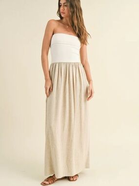 Miou Muse Strapless Maxi Dress in Ivory and Beige